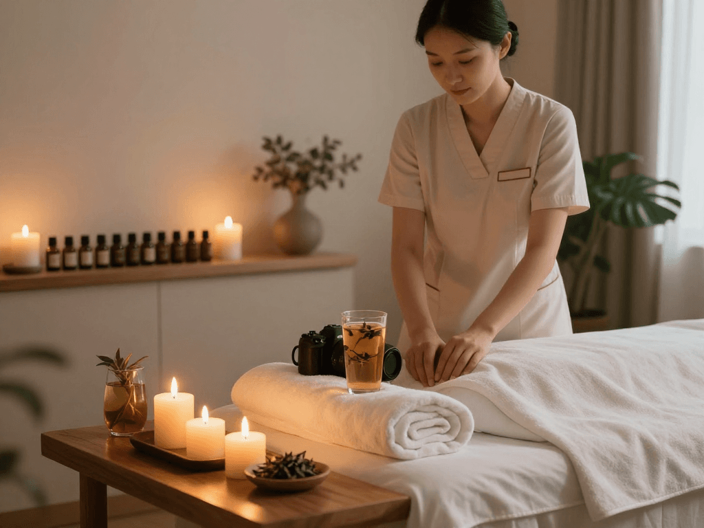Experience premium relaxation at https://www.balancedmassage.org/ with a serene massage therapist preparing a calming space.