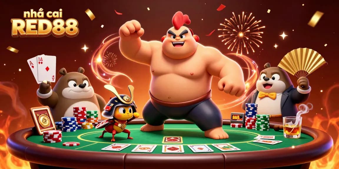 Experience the excitement of nhà cái RED88 with engaging characters in a vibrant casino scene.