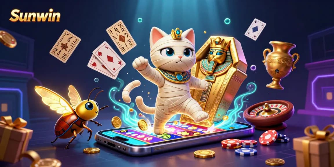 Win big with Sunwin: Egyptian mummy cat and scarab beetle celebrate gaming excitement.