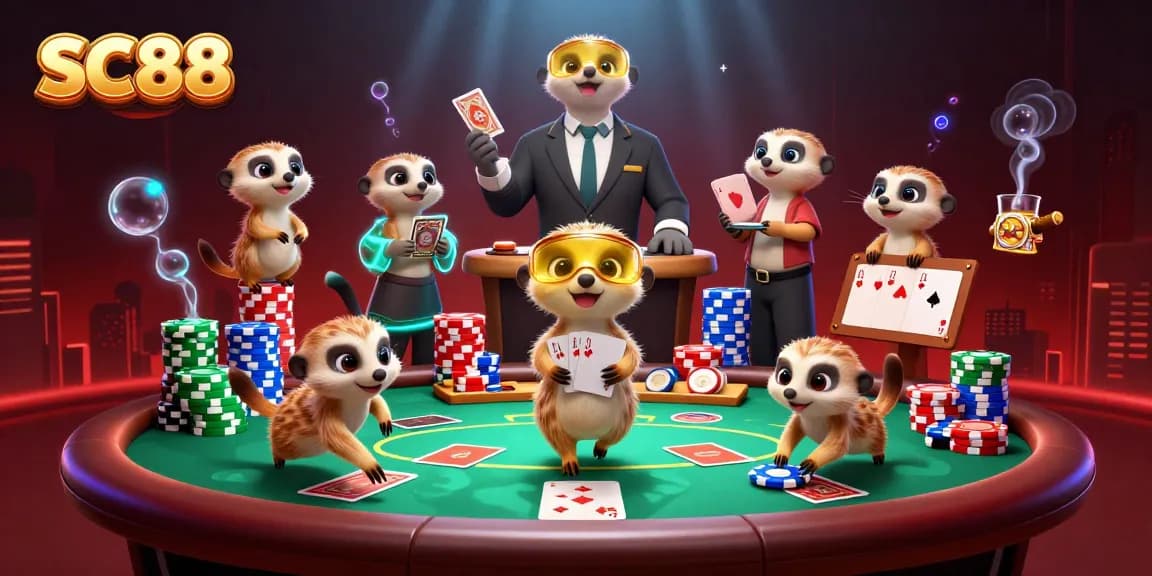 Experience thrilling casino action at SC88 with animated meerkats managing a dynamic poker game.