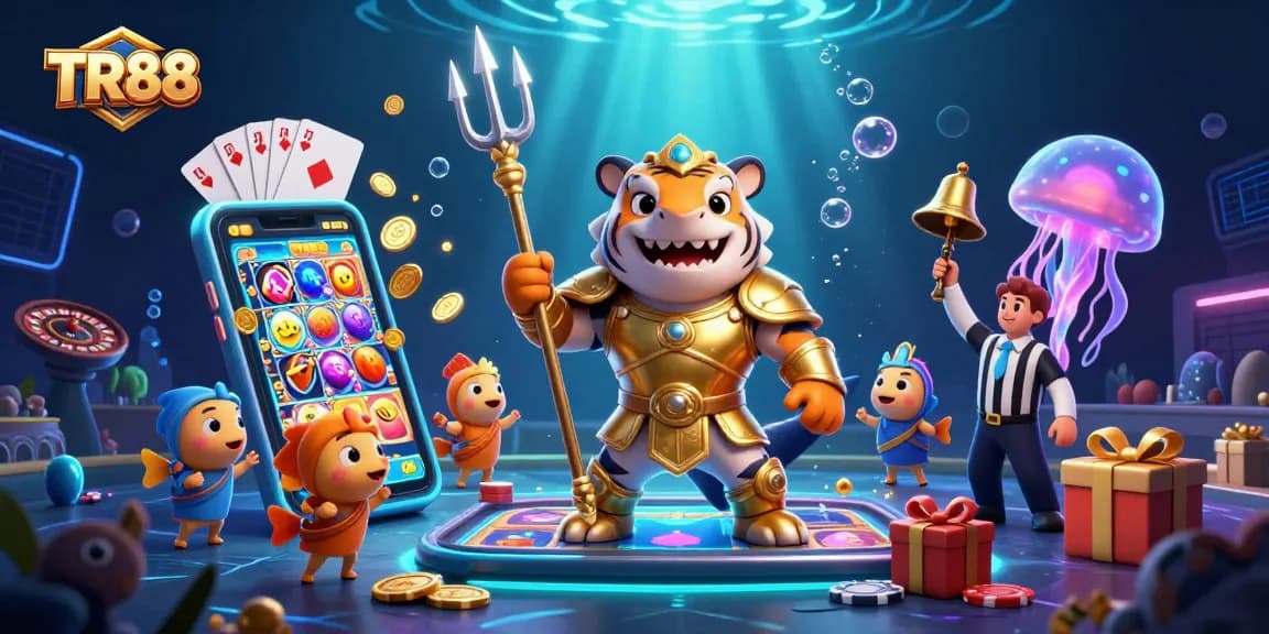 Experience TR88 in a vibrant underwater casino scene with a tiger shark championing gaming action.