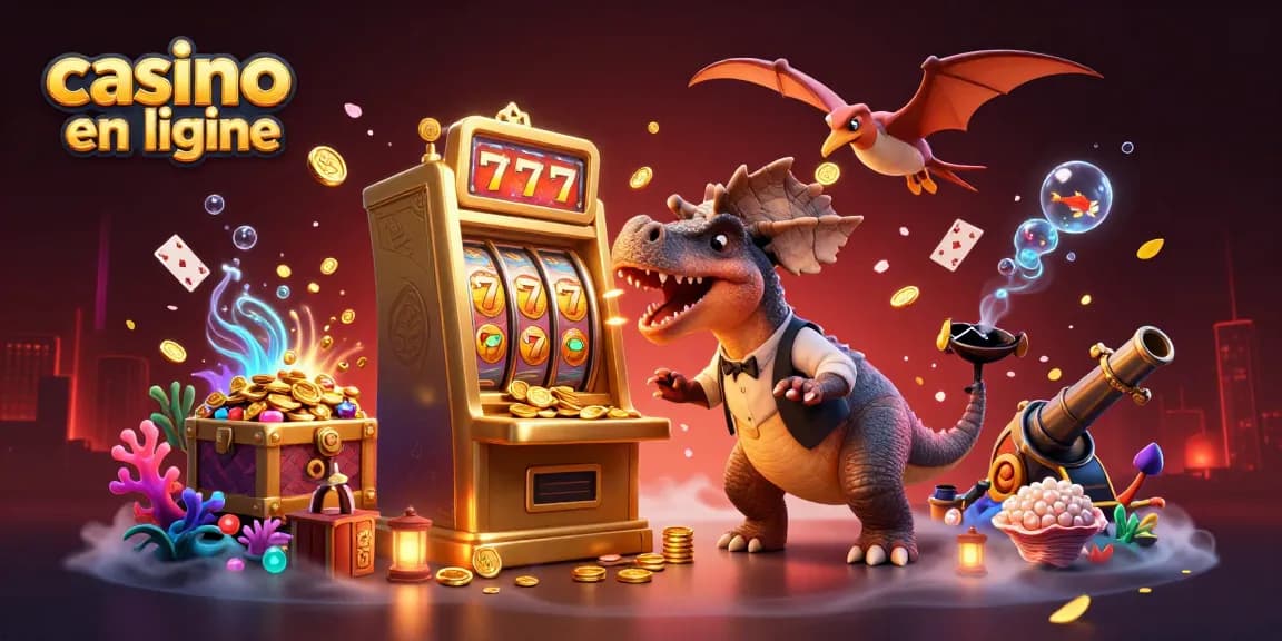 Illustration de casino en ligne avec un pachycéphalosaure frappant une machine à sous dorée pour gagner des pièces de jackpot.