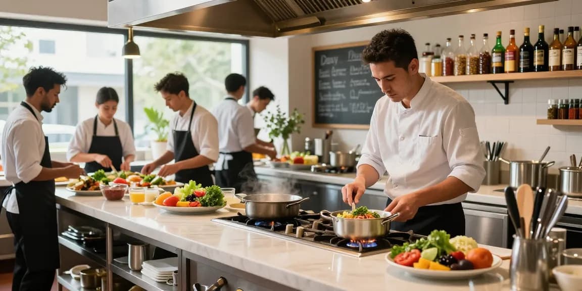 Professional restaurant manager job description guide in a busy kitchen with chefs preparing dishes and fresh ingredients.