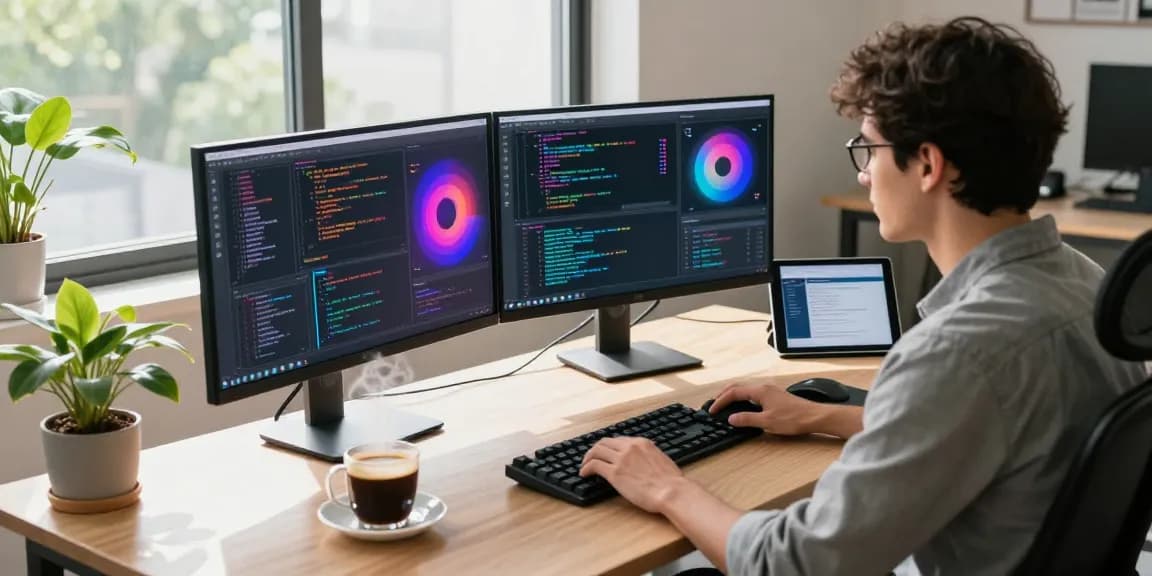 Developer coding with ChatGPT alternatives displayed on monitors in a bright tech workspace