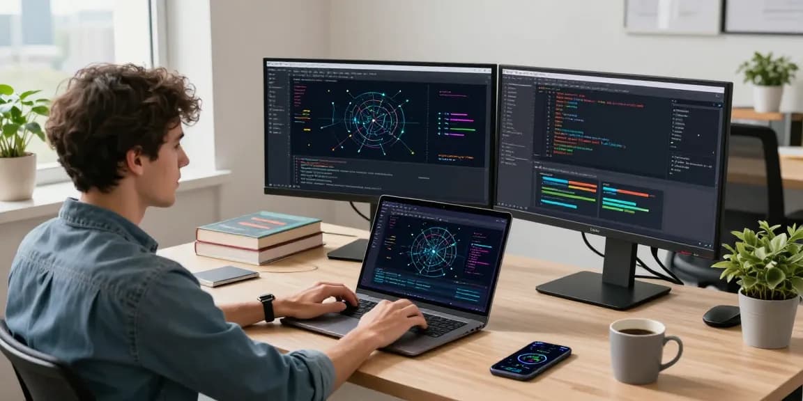 快连 developer optimizing network performance in a bright, modern office.