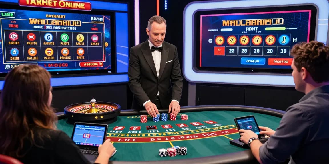 Mildcasino Live Taruhan Online featuring a professional dealer engaging players in a vibrant virtual baccarat game, showcasing the excitement of online live betting.