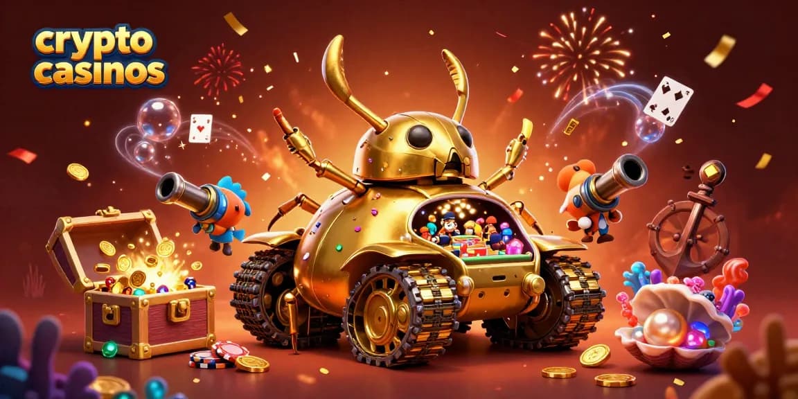 Jouer aux crypto casinos avec un tank doré rempli de joie, des petits clients et des confettis.