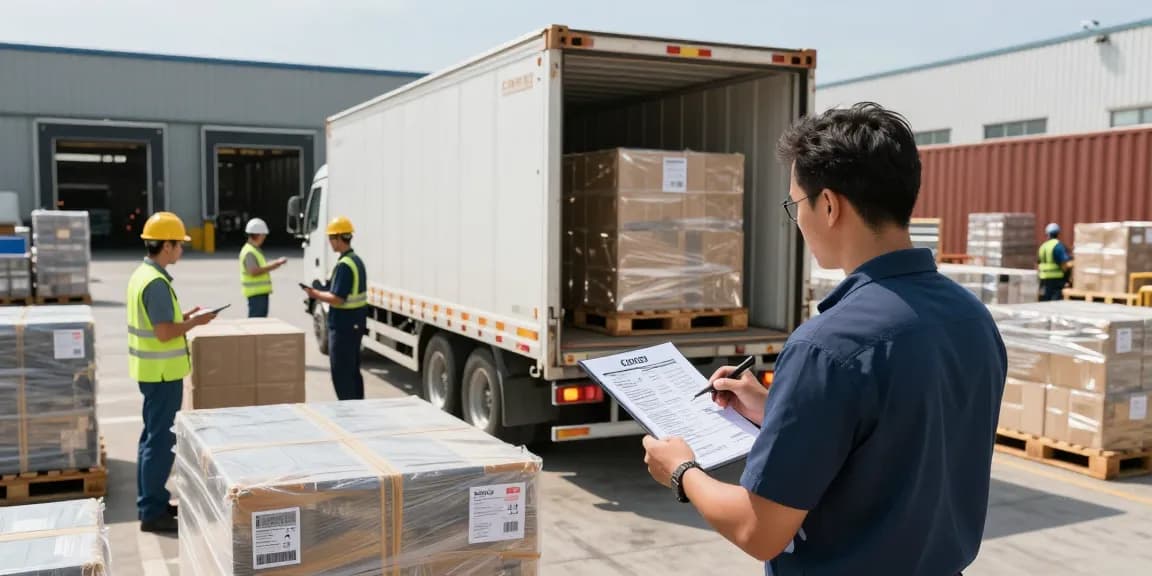 Komplettladungstransport von Dortmund mit LKW und Logistikpersonal in einem aktiven Transportzentrum.