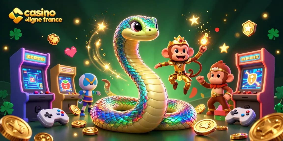 Jouez dans un univers vibrant de casino en ligne France avec un serpent arc-en-ciel et un roi singe éclatant.