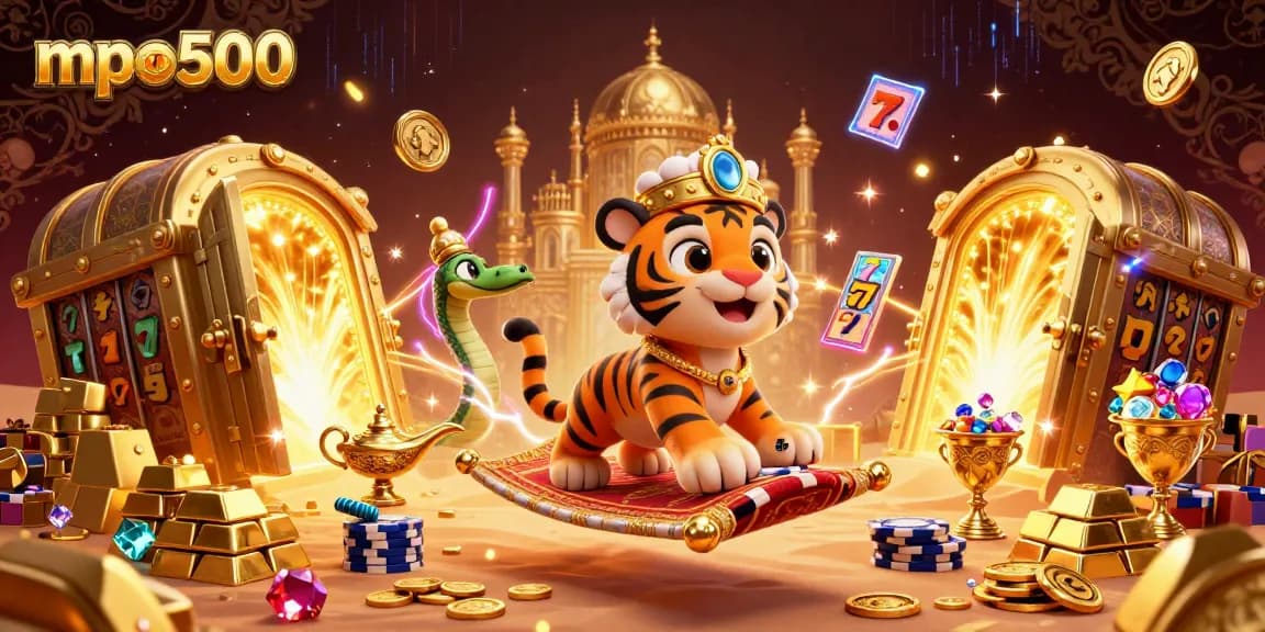 Experience the thrill of mpo500 with a magical casino scene featuring vibrant characters and treasures.