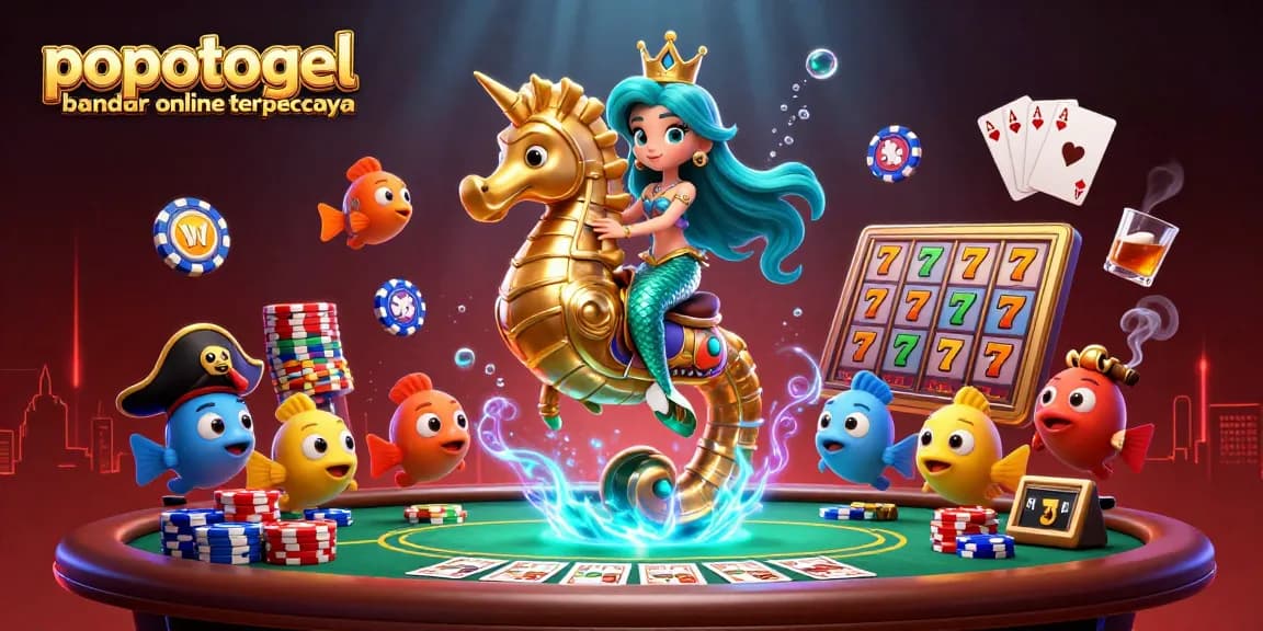 Experience the excitement of popotogel bandar online terpercaya with vibrant slot reels and a fun underwater scene.