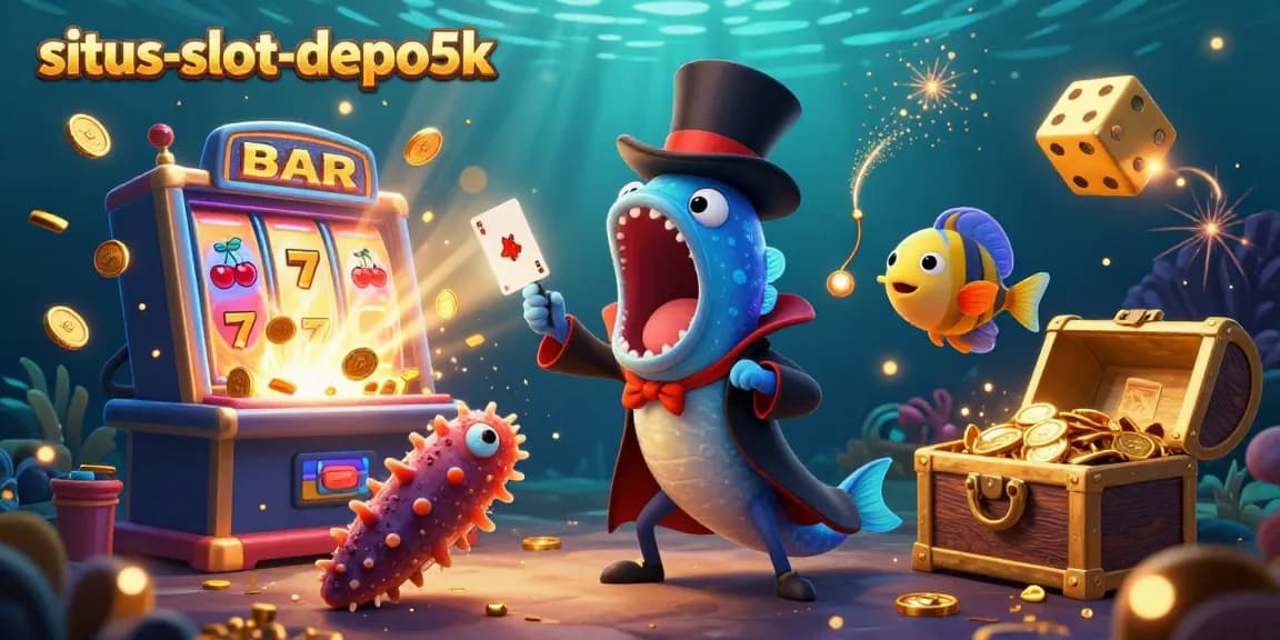 Experience the thrill of winning at situs-slot-depo5k with a lively 3D deep-sea casino scene and jackpot excitement.