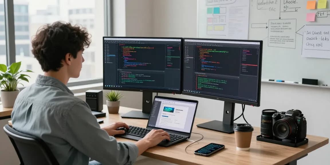 Developer coding LLG link indexing at modern workspace with dual monitors and innovative tech.