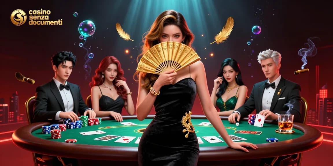 Vivi l'emozione del casino senza documenti con una scena di poker sorprendente che presenta un affascinante croupier asiatico e pile di fiches vivaci.