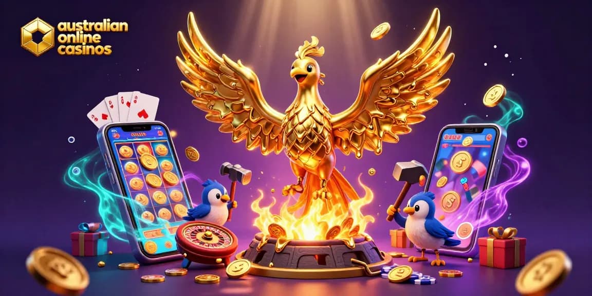 Experience the thrill of australian online casinos with a vibrant 3D phoenix and slot game elements.