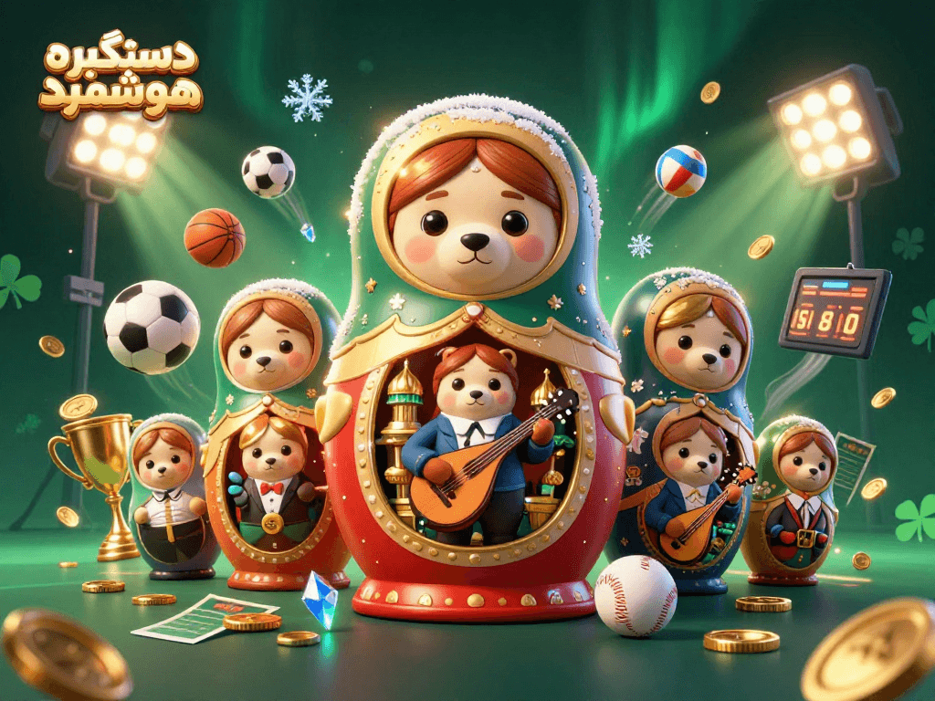 Engage with دستگیره هوشمند themed 3D illustration featuring a cartoon bear and sports elements.