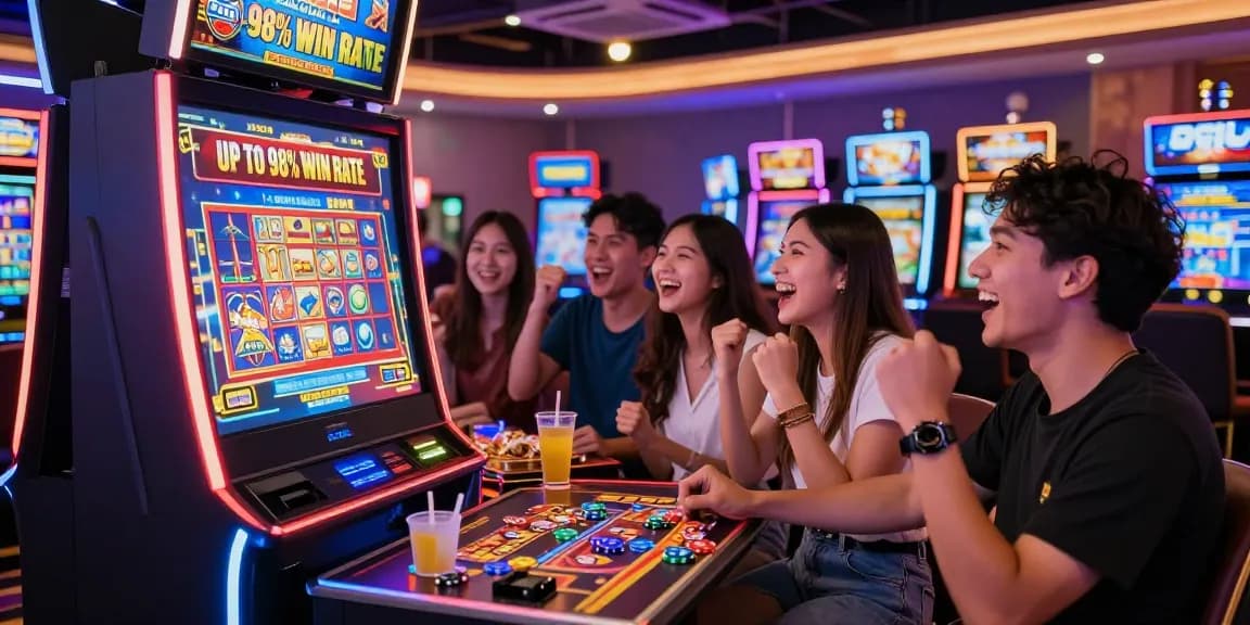 Gaming enthusiasts celebrating at oppa86 situs with modern slot machines and vibrant casino decor.