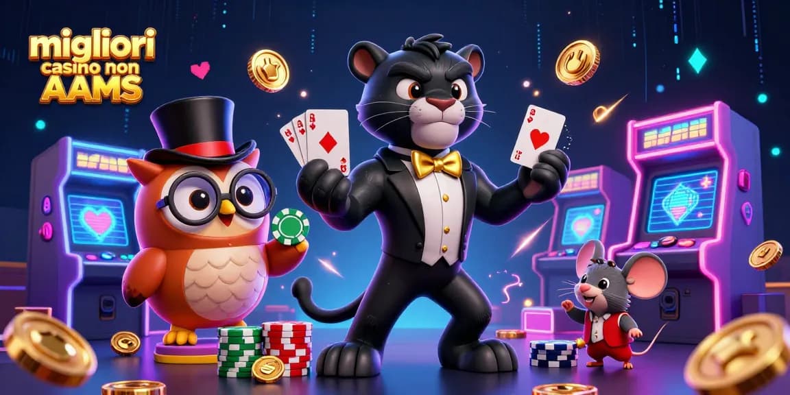Vivi l'emozione dei migliori casino non AAMS con personaggi eleganti in una vivace scena di casinò.