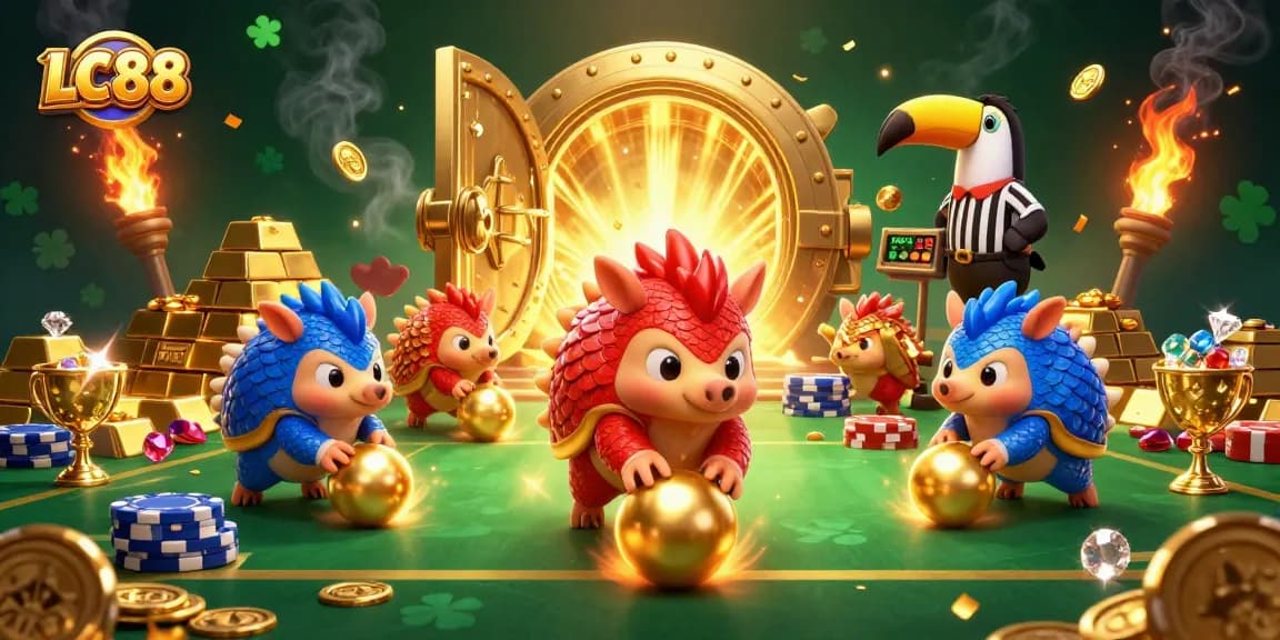 Play at LC88 with dynamic pangolins competing in a vibrant casino scene filled with treasures.