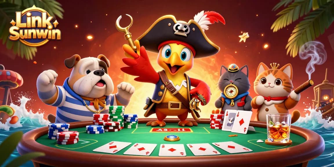 Experience the thrill of poker at Link Sunwin, featuring animated characters and vibrant casino elements.