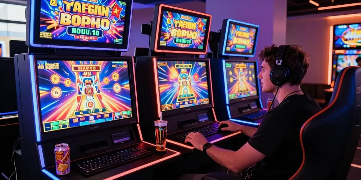 Player enjoying an exciting slot game session on dual screens, vibrant graphics and ambient lighting.