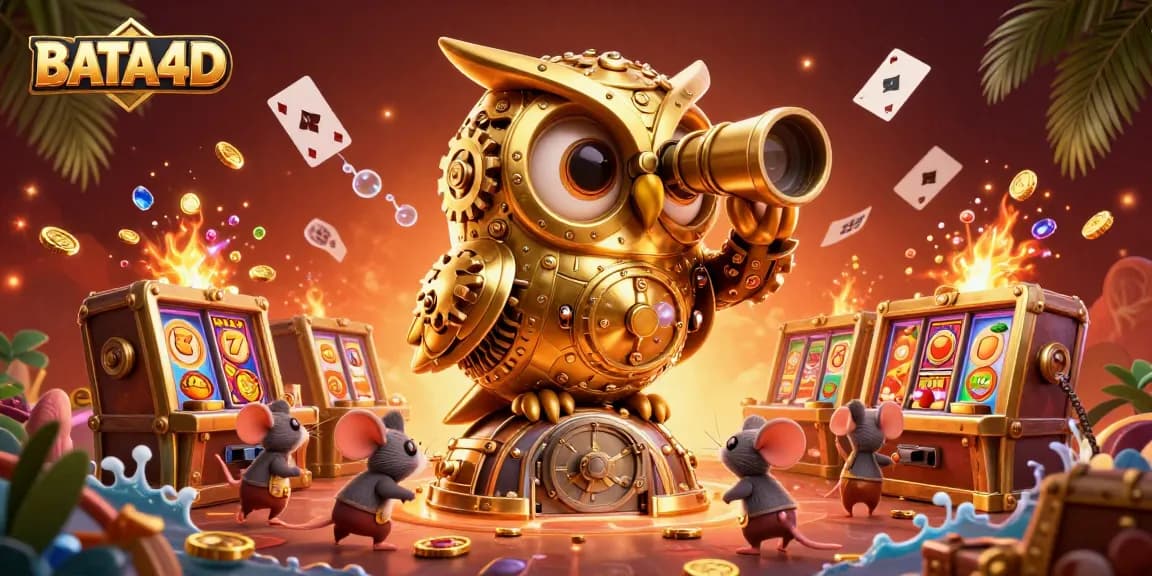 BATA4D showcases a vibrant online casino scene with a golden owl and lively slot machines.
