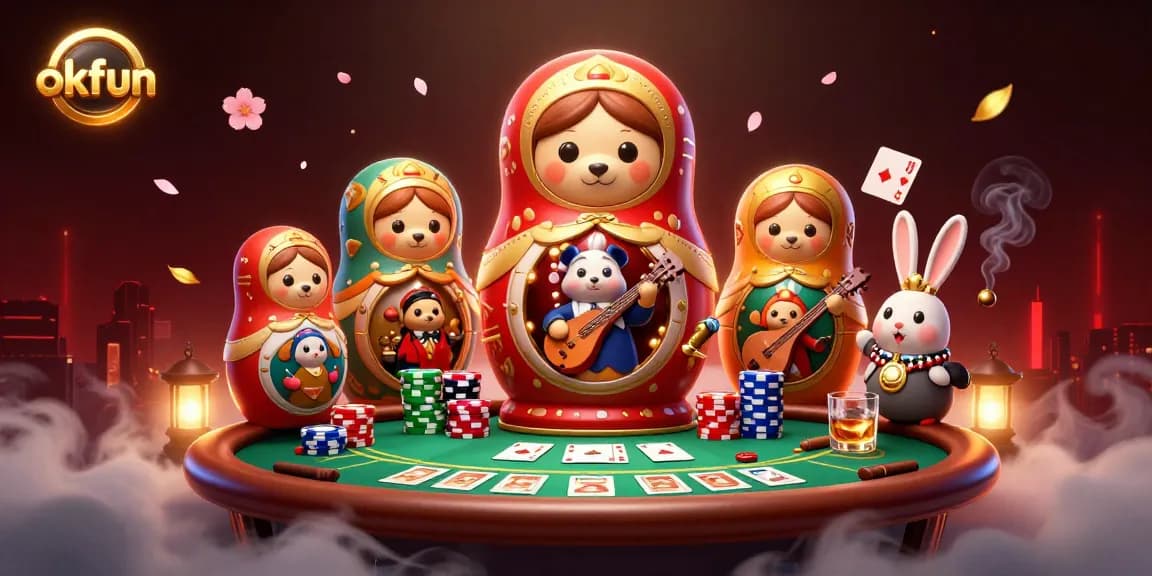 Play with okfun in this vibrant online casino scene showcasing exciting poker elements and characters.