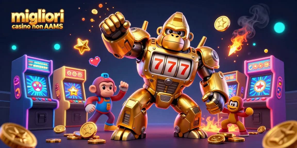 Migliori casino non AAMS: scoprire un gorilla mech dorato in una vivace scena di casinò 3D.