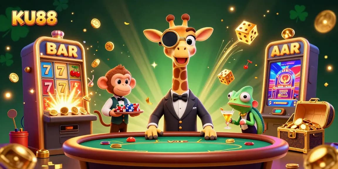 Experience the thrill of KU88 as the high-roller giraffe plays poker amidst a dazzling casino scene.