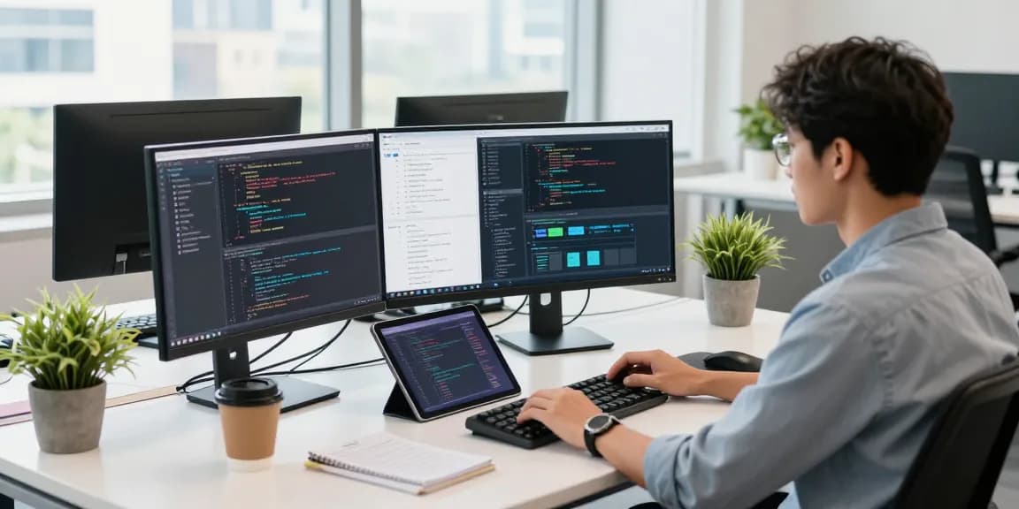 Developer working on 纸飞机中文版 in a modern tech office, showcasing coding projects and design elements.