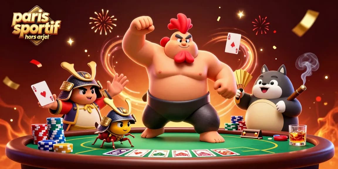 Plongez dans l'univers des paris sportifs hors ARJEL avec un bunyip et un cricket, entourés de jetons et cartes de poker.