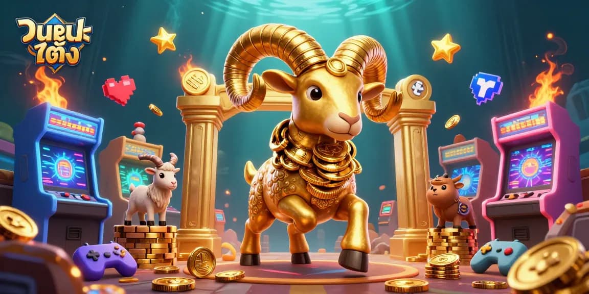 Experience แทงบอลเต็ง action with a powerful golden ram charging through a vibrant casino scene.