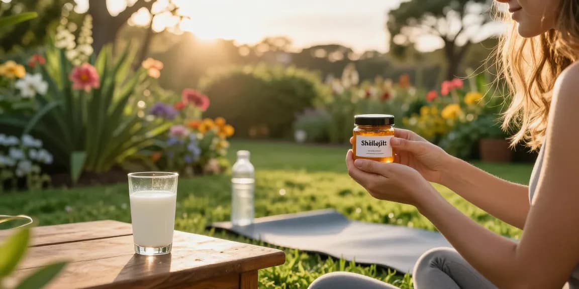 Pure Shilajit Australia resin held in a wellness garden, showcasing vitality and balance.
