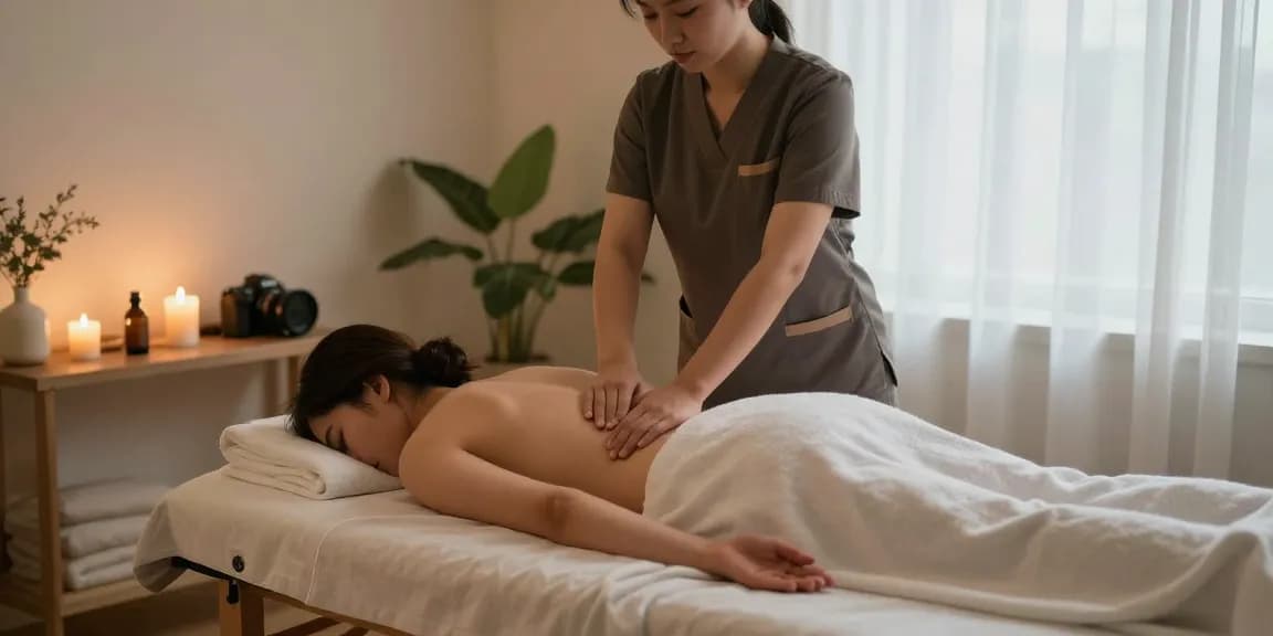 Relaxing 출장마사지 scene with a therapist and calming atmosphere, highlighting relaxation.