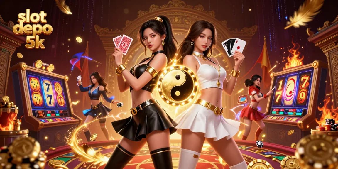 Experience the thrill of slot depo 5k alongside twin Asian women engaging with vibrant slot gaming elements in a detailed arena.