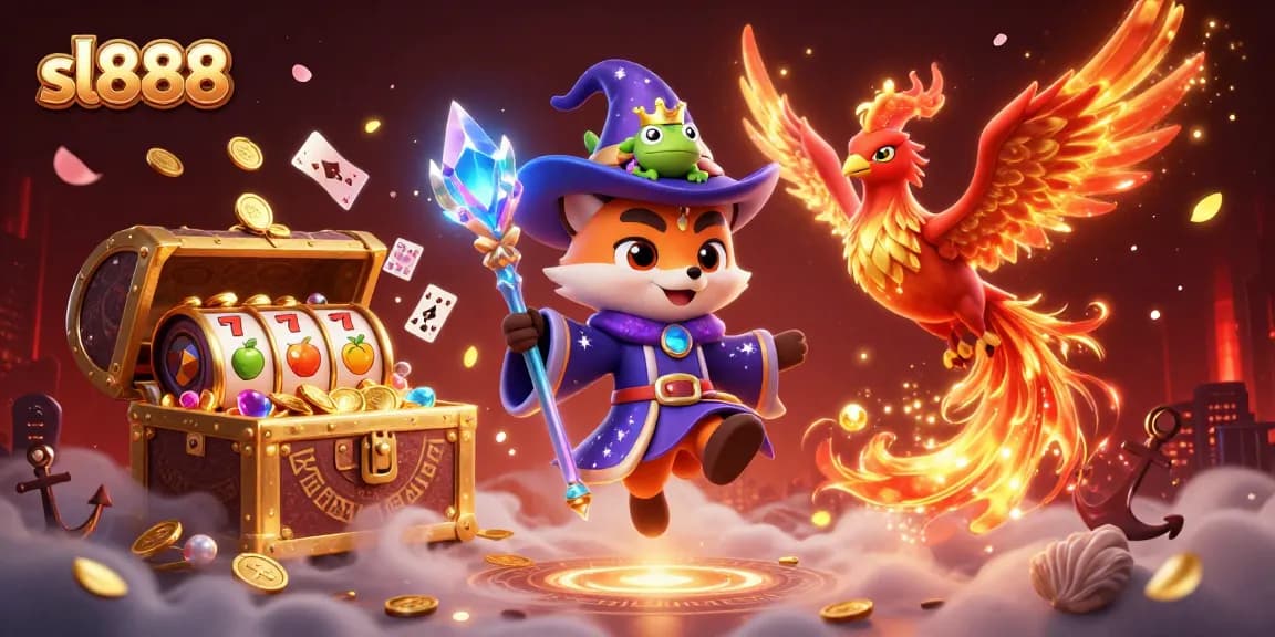 Experience the excitement of sl888 with a magical cartoon scene filled with slots and treasures.