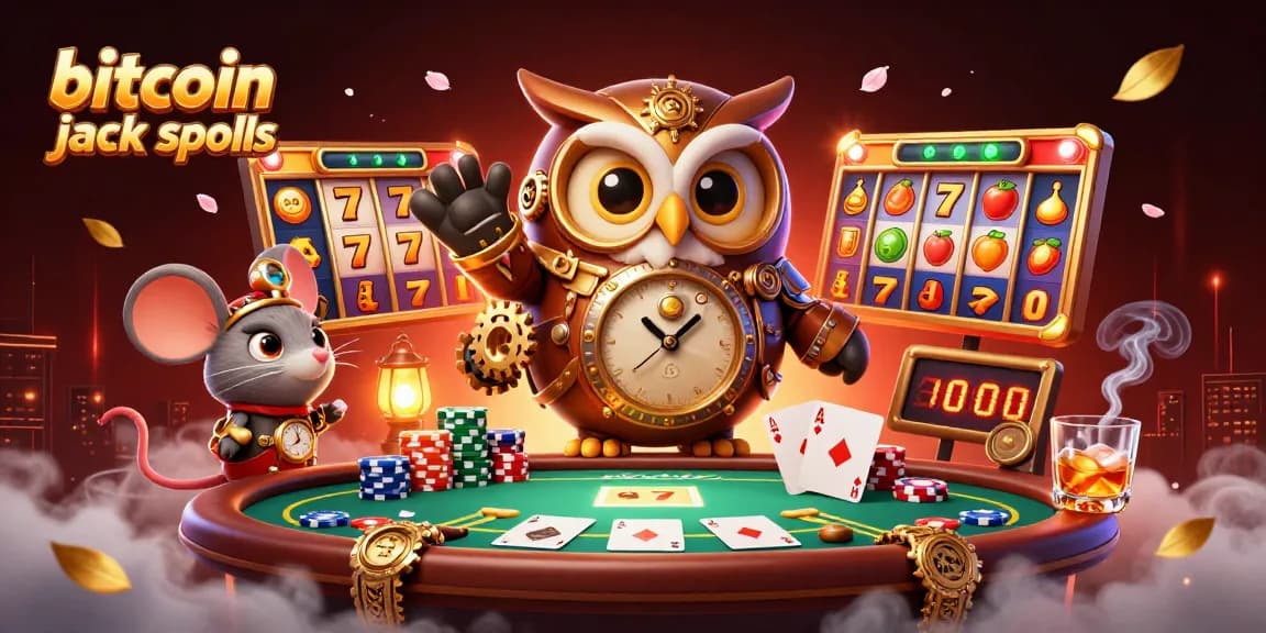 Spin vibrant bitcoin jackpot slots with cartoon owl and mouse in a lively casino scene.