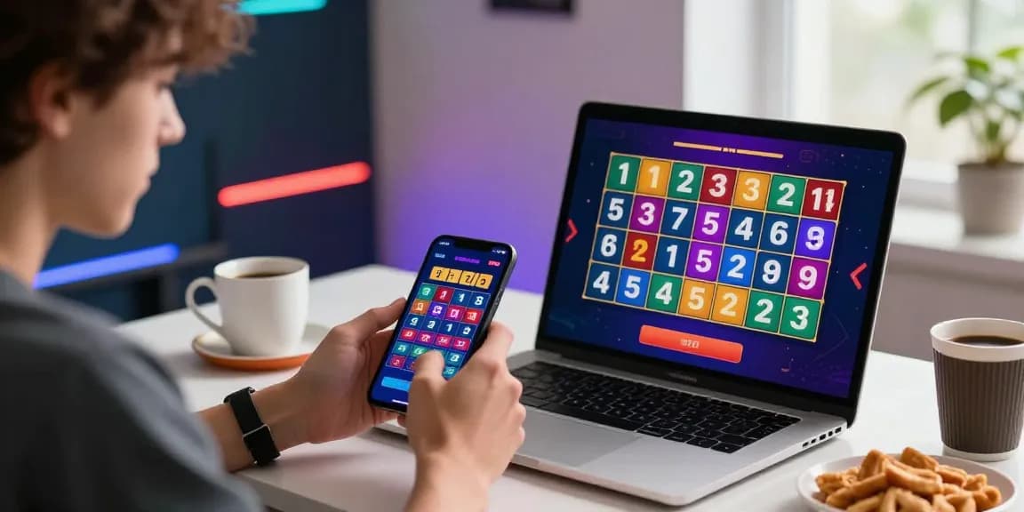Pengguna ratutogel sedang bermain togel online dengan ponsel dan laptop, suasana ceria dan modern.