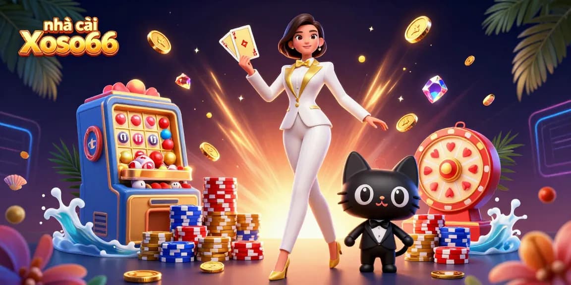 Engage with the exciting world of nhà cái Xoso66 featuring a glamorous woman playing cards alongside a tuxedo cat in a vibrant casino setting.