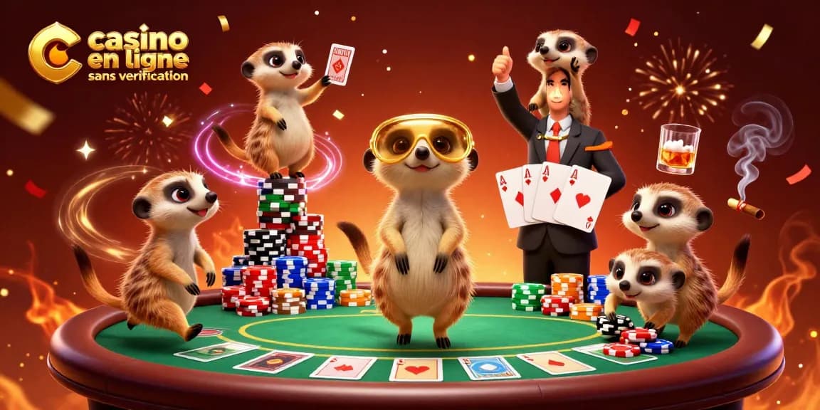 Profitez de l'excitation d'un casino en ligne sans vérification avec une scène animée de suricates en action.