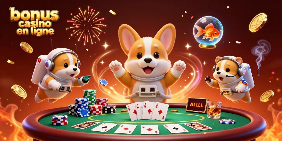 Profitez d'un bonus casino en ligne dans une scène animée de casino spatial avec un corgi astronaute.