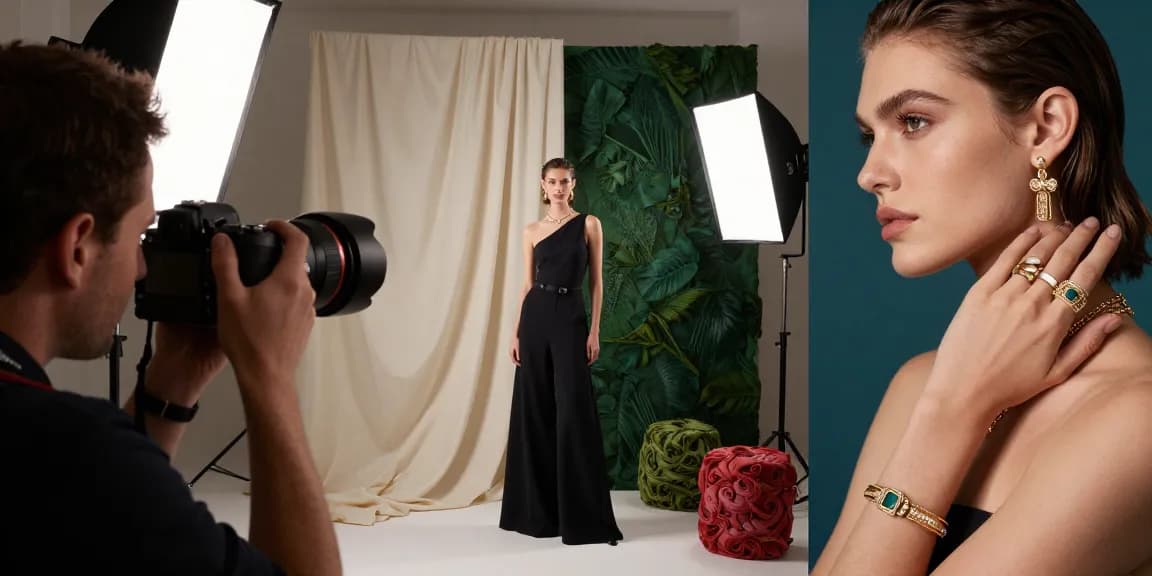 MaxArt studio fotografico en studio de mode avec un modèle, éclairage dramatique et accessoires luxueux.