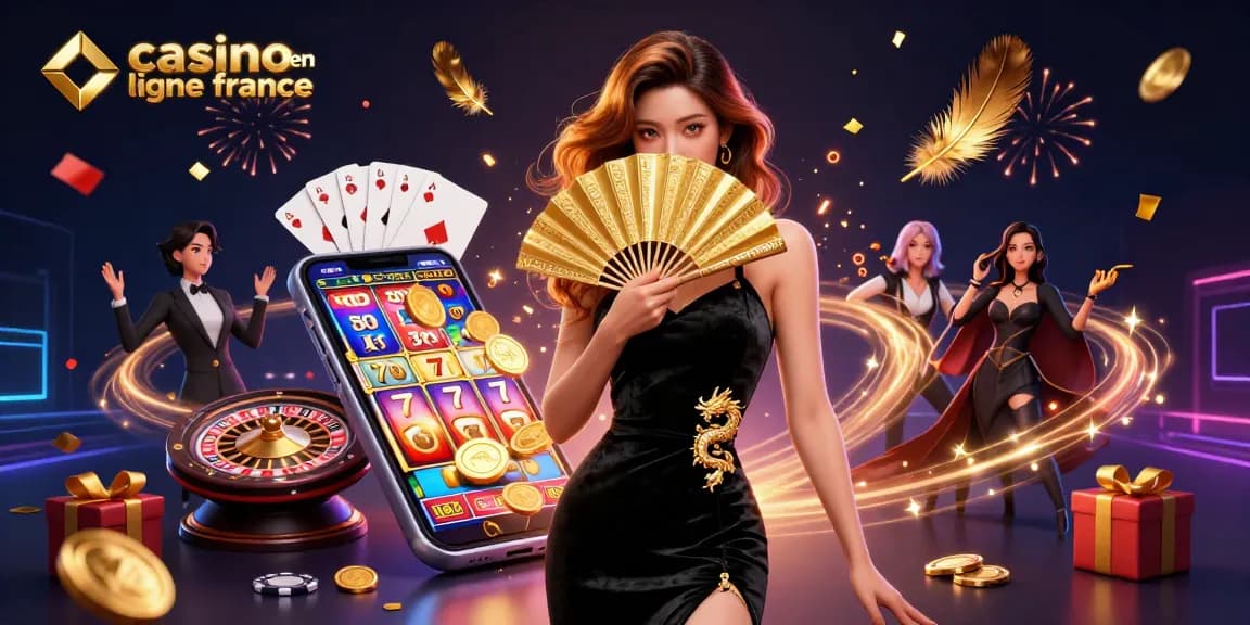 Experience the excitement of casino en ligne france with a captivating Asian woman surrounded by slot games and treasures.