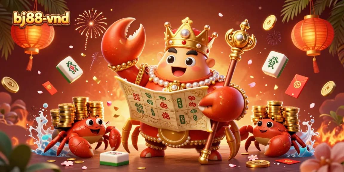 BJ88-vnd invites players to engage with vibrant casino fun, featuring a majestic golden crab emperor and dynamic game elements.