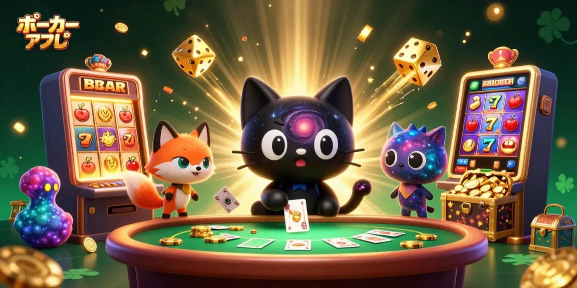 ポーカーアプリで遊ぶキャットとガス雲のフォックスがカジノテーブルを囲むシーン