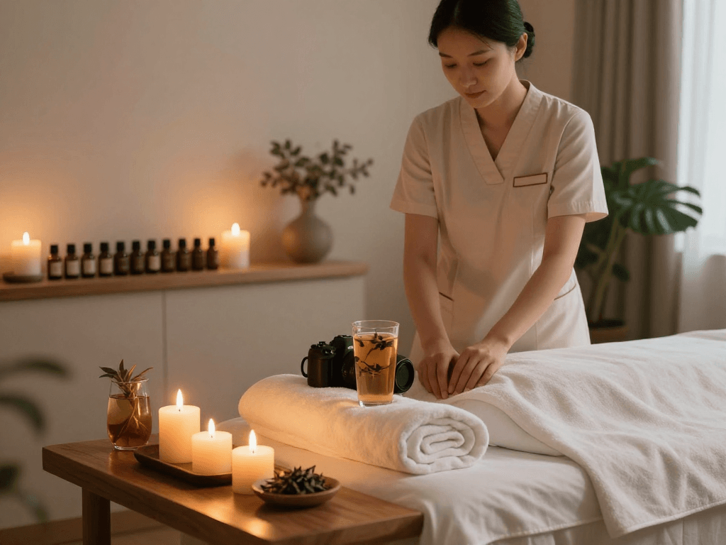 Experience premium relaxation at https://www.balancedmassage.org/ with a serene massage therapist preparing a calming space.