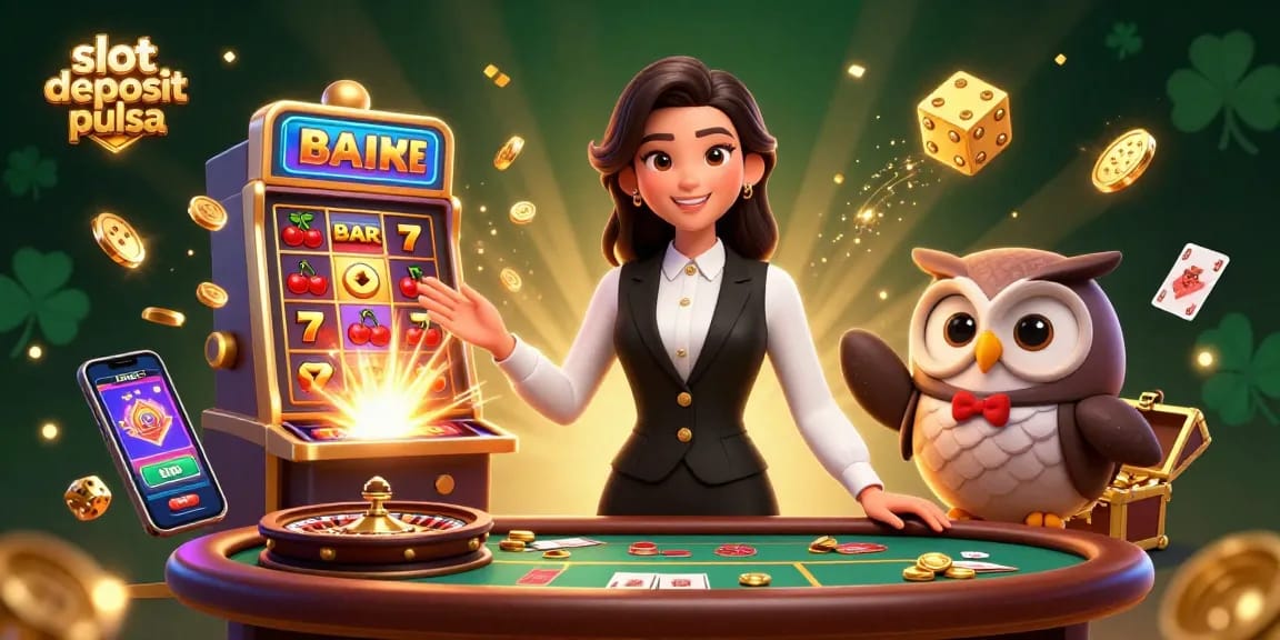 Engage with slot deposit pulsa in this vibrant 3D illustration featuring casino games and dealers.