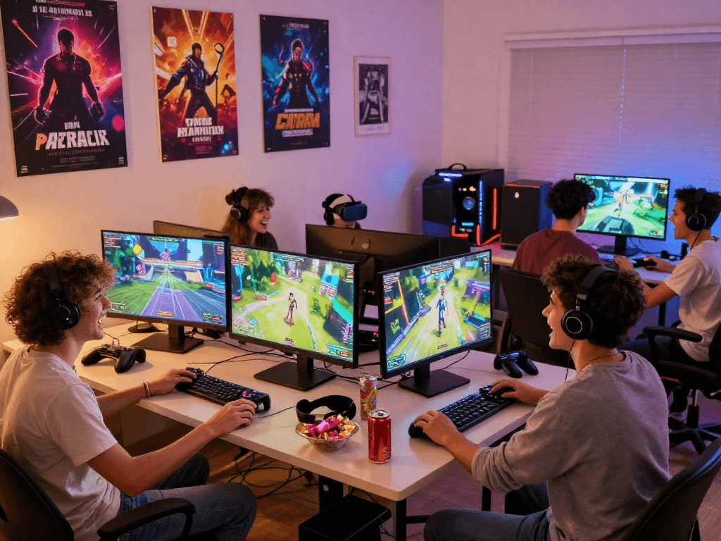 Group enjoying interactive porngames in a lively gaming room filled with laughter and vibrant decor.