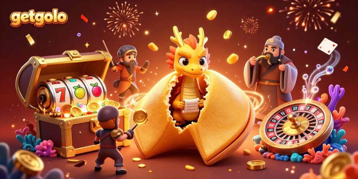 Bet big with getgolo as the golden fortune cookie reveals lucky gaming secrets in a vibrant casino scene.
