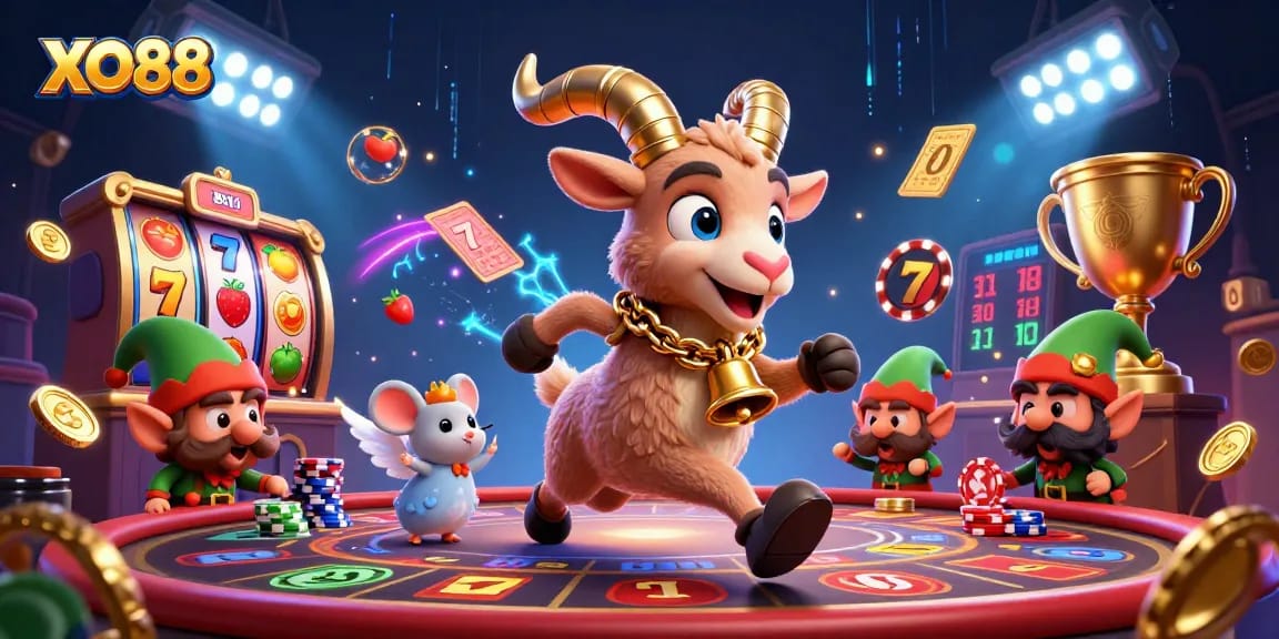 Engage with XO88 in this festive casino scene featuring 3D characters and dynamic gaming elements.
